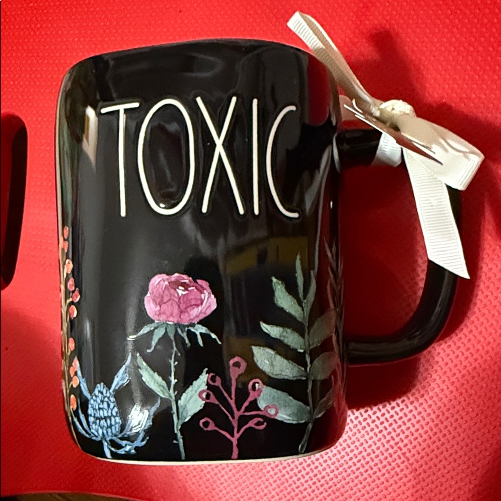 RAE DUNN Black Floral Mug with 'TOXIC' Design
